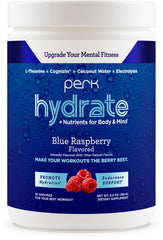 Perk Hydrate Blue Raspberry electrolyte drink mix powder tub