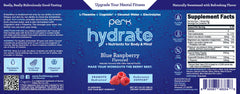 Glass of prepared blue raspberry Perk Hydrate electrolyte drink