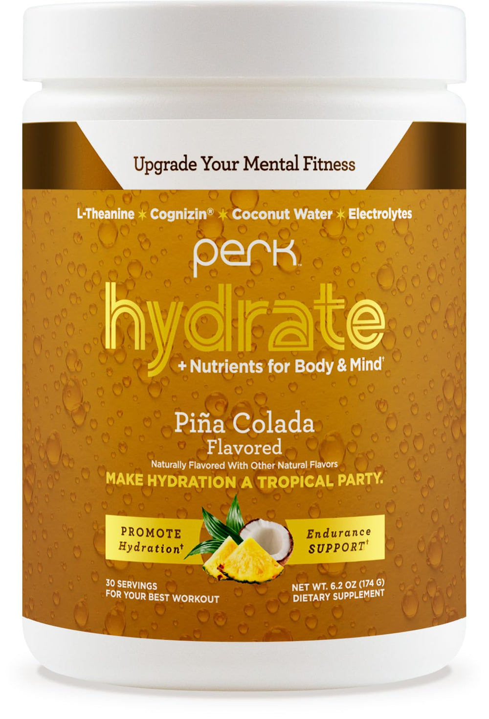 Perk Hydrate Pina Colada electrolyte drink mix container label with 30 servings