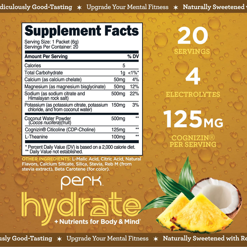 Perk Hydrate Pina Colada electrolyte stickpacks display with 20-pack layout