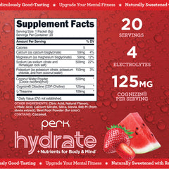 Close-up of Perk Hydrate Strawberry Watermelon electrolyte stickpack showing label