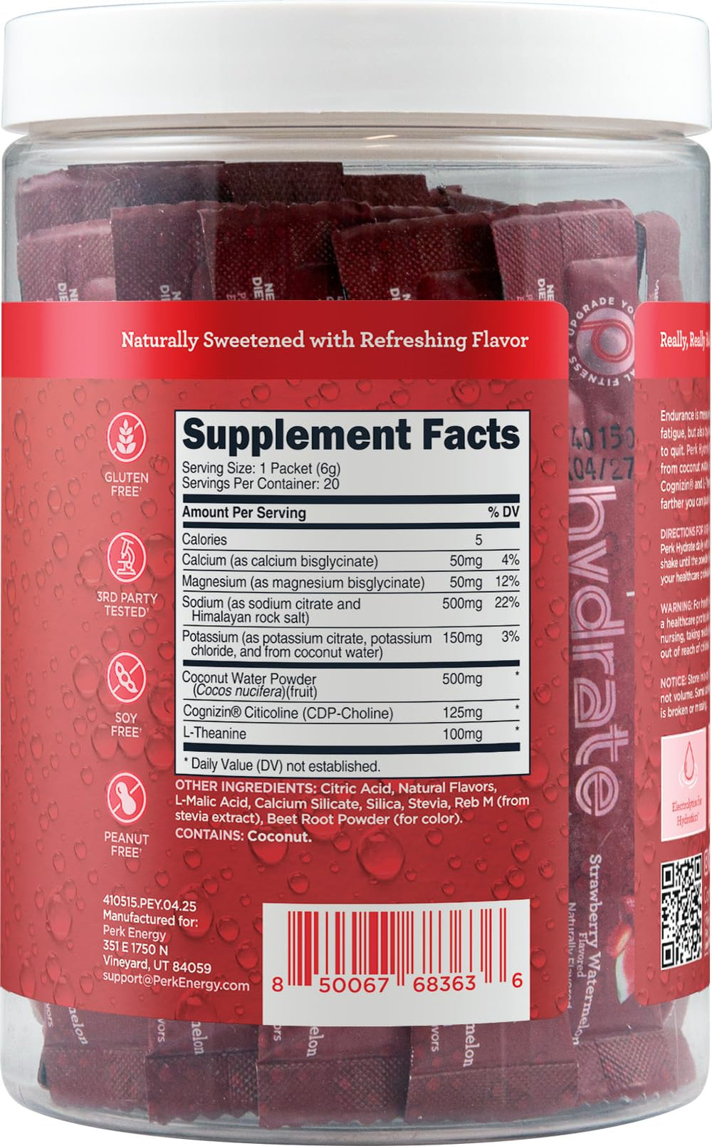 Ingredients visual: Coconut Water, Cognizin CDP-Choline, L-Theanine on Perk Hydrate label