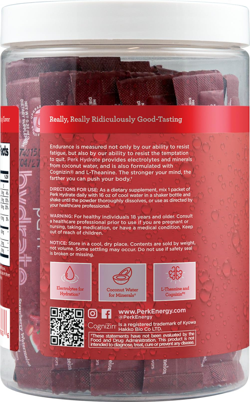 Perk Hydrate packaging with NSF Certified, GMP Compliant, FDA Registered facility icons