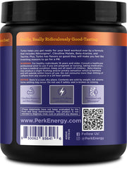 Perk Turbo Pre-Workout label featuring blueberry-tangerine flavor and allergen-free notes.
