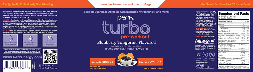 Perk Turbo Pre-Workout in-use during a workout scene suggesting focus and performance.
