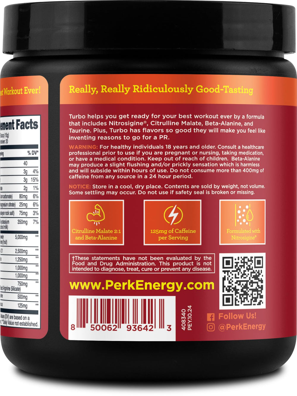 Label showing gluten-free, peanut-free, soy-free on Perk Turbo