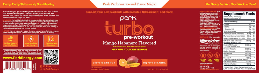 Product packaging of Perk Turbo Pre-Workout in facility