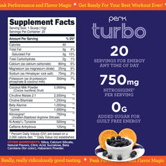 Perk Turbo Pre-Workout scoop with powder, highlighting convenient serving size for workouts.