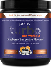 Perk Turbo Pre-Workout tub front showing 20 servings for steady pre-workout energy.