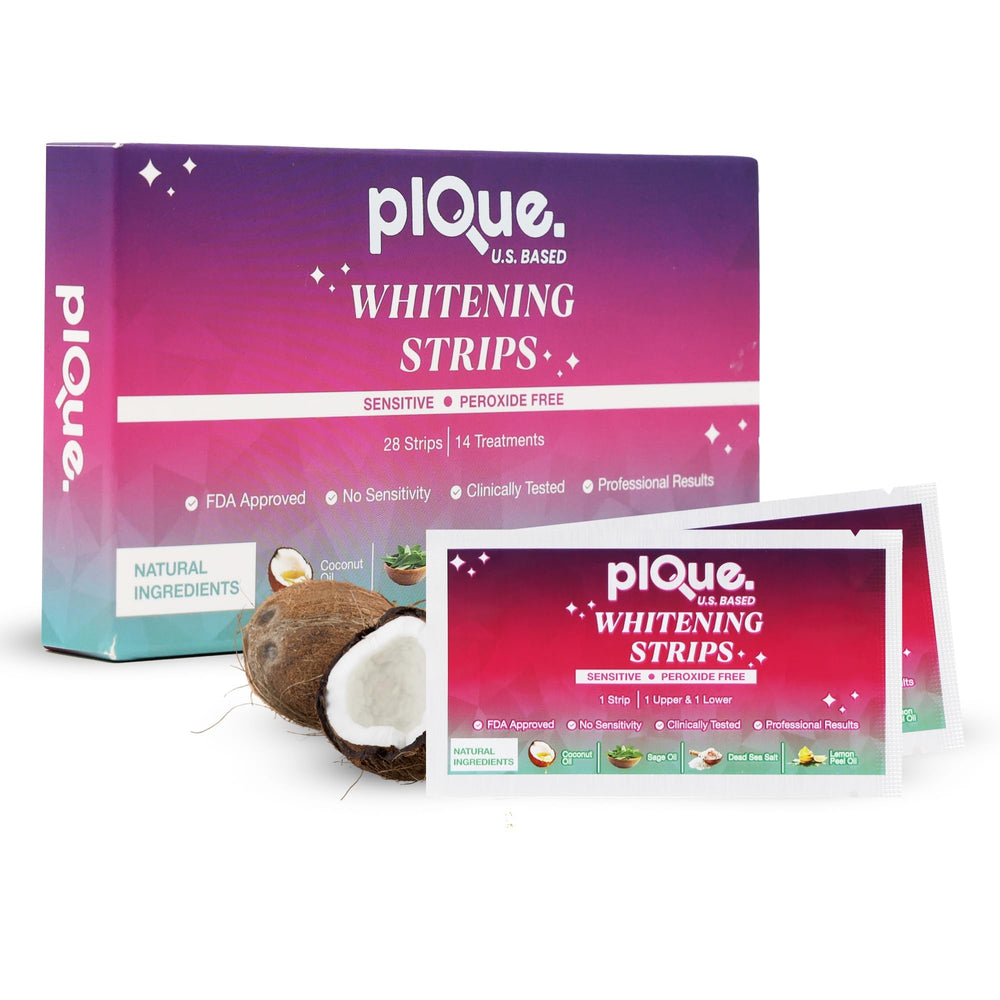 Box of peroxide-free teeth whitening strips for sensitive teeth