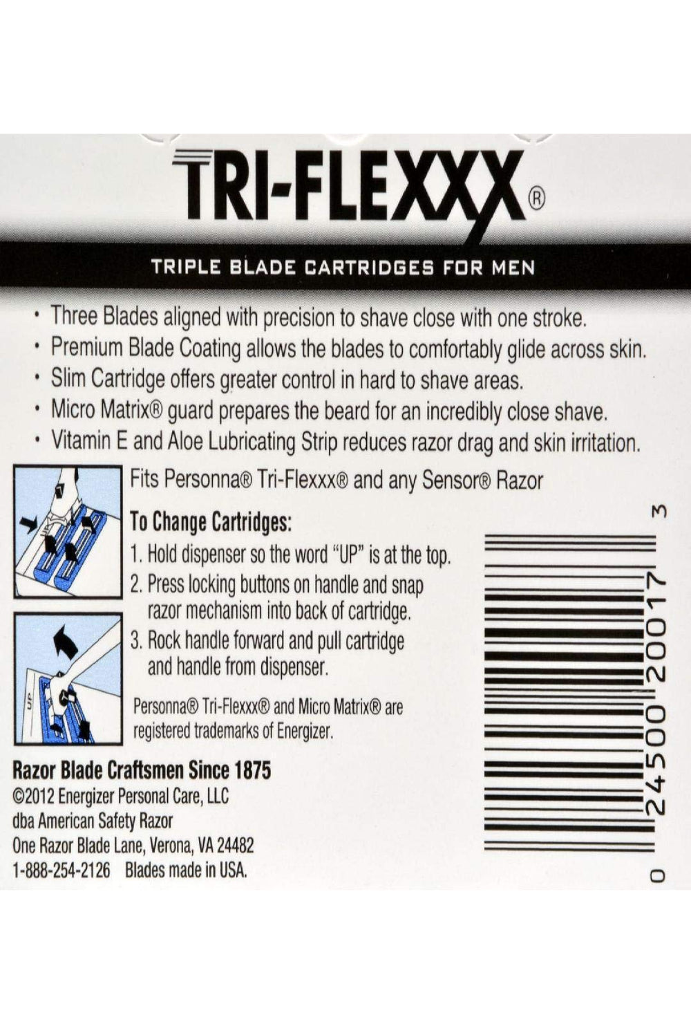 Personna Tri Flex cartridge lubricating strip shows vitamin E and aloe for less irritation