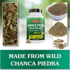 Peruvian Naturals Chanca Piedra bottle on wooden surface
