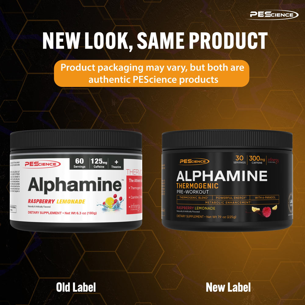 PEScience Alphamine servings on a gym bench indicating versatile use for workouts