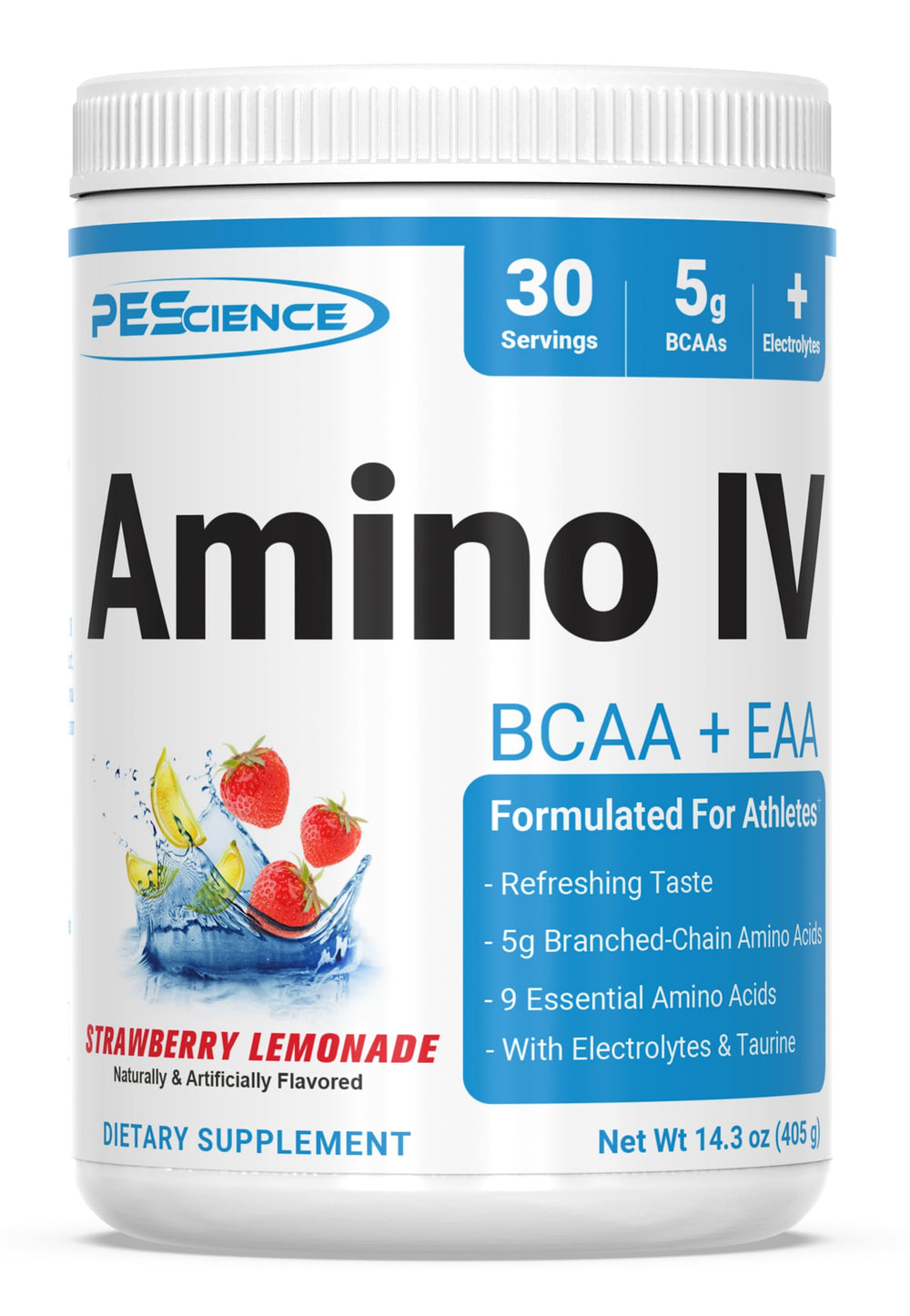 Front label of PEScience Amino IV Strawberry Lemonade 30 Servings