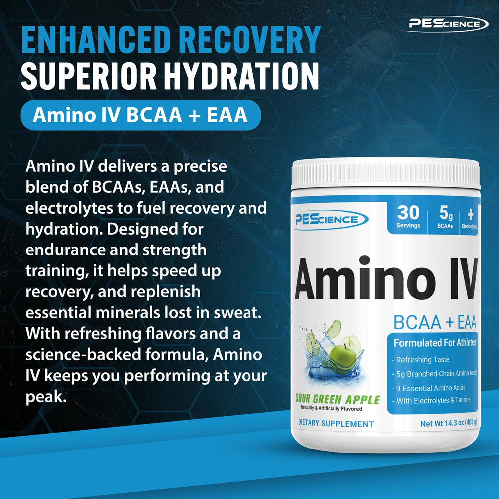 Back view of PEScience Amino IV tub with supplement facts