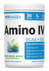 PEScience Amino IV BCAA & EAA powder tub - Sour Green Apple flavor - front view
