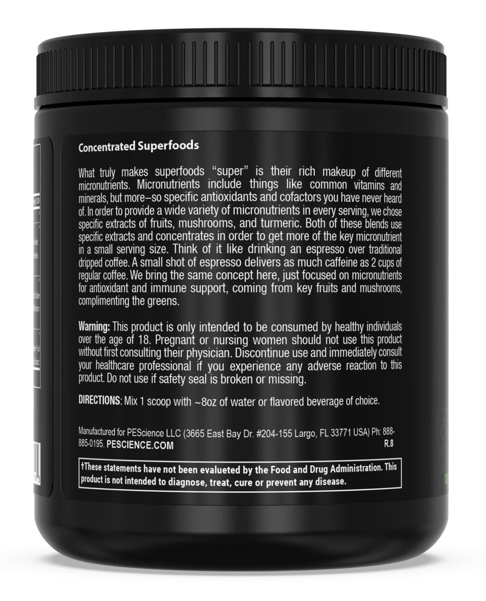 Nutritional information and ingredients chart for PEScience Greens Powder