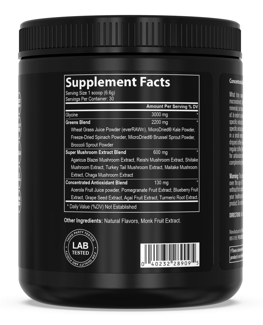 Serving scoop next to PEScience Greens Powder tub