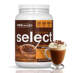 PEScience Select Cafe caramel macchiato canister showing creamy protein coffee texture