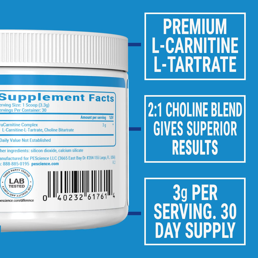PEScience TruCarnitine ingredient label highlights L-Carnitine-L-Tartrate and Choline for potential muscle support.