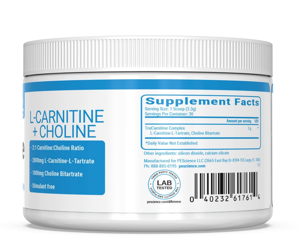 PEScience TruCarnitine jar closeup showing premium packaging for everyday use.