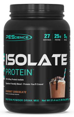 PEScience Whey Isolate chocolate scoop highlights fast absorbing post-workout protein