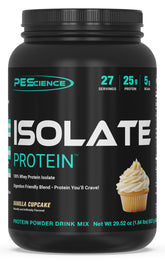 PEScience Whey Protein Isolate Vanilla Cupcake tub supports lean muscle recovery.