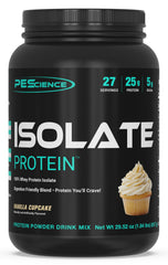 PEScience Whey Protein Isolate Vanilla Cupcake tub supports lean muscle recovery.