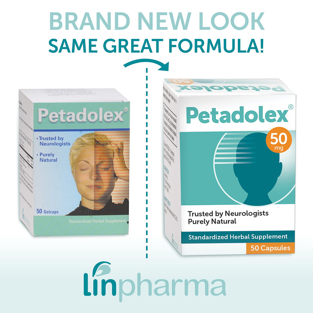Petadolex Linpharma 50mg butterbur capsules on a white background