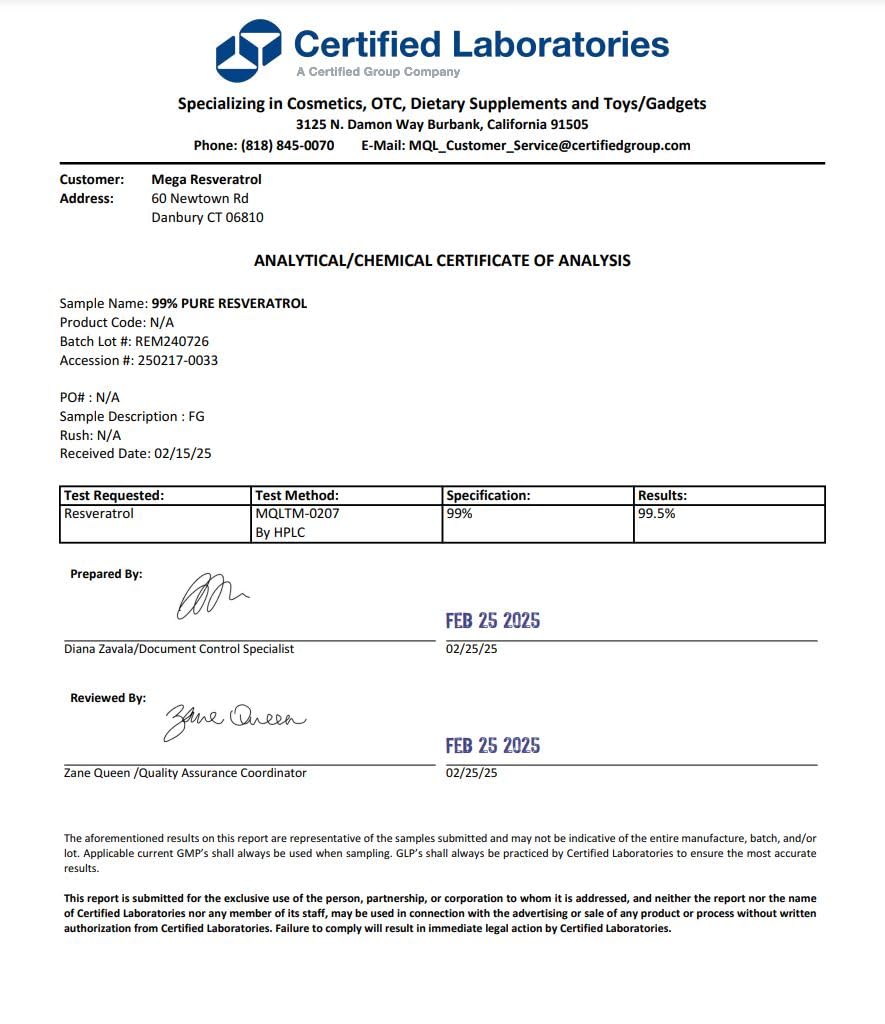 Pharmaceutical grade resveratrol 99% pure capsule