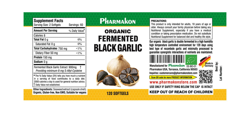 Close-up of PHARMAKON black garlic soft capsules