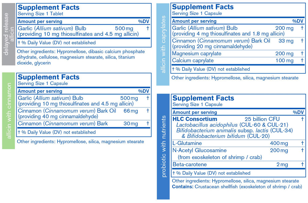 Ingredients include 25B CFU human-sourced probiotics, L-glutamine, allicin, cinnamon, N-acetyl glucosamine and beta carotene