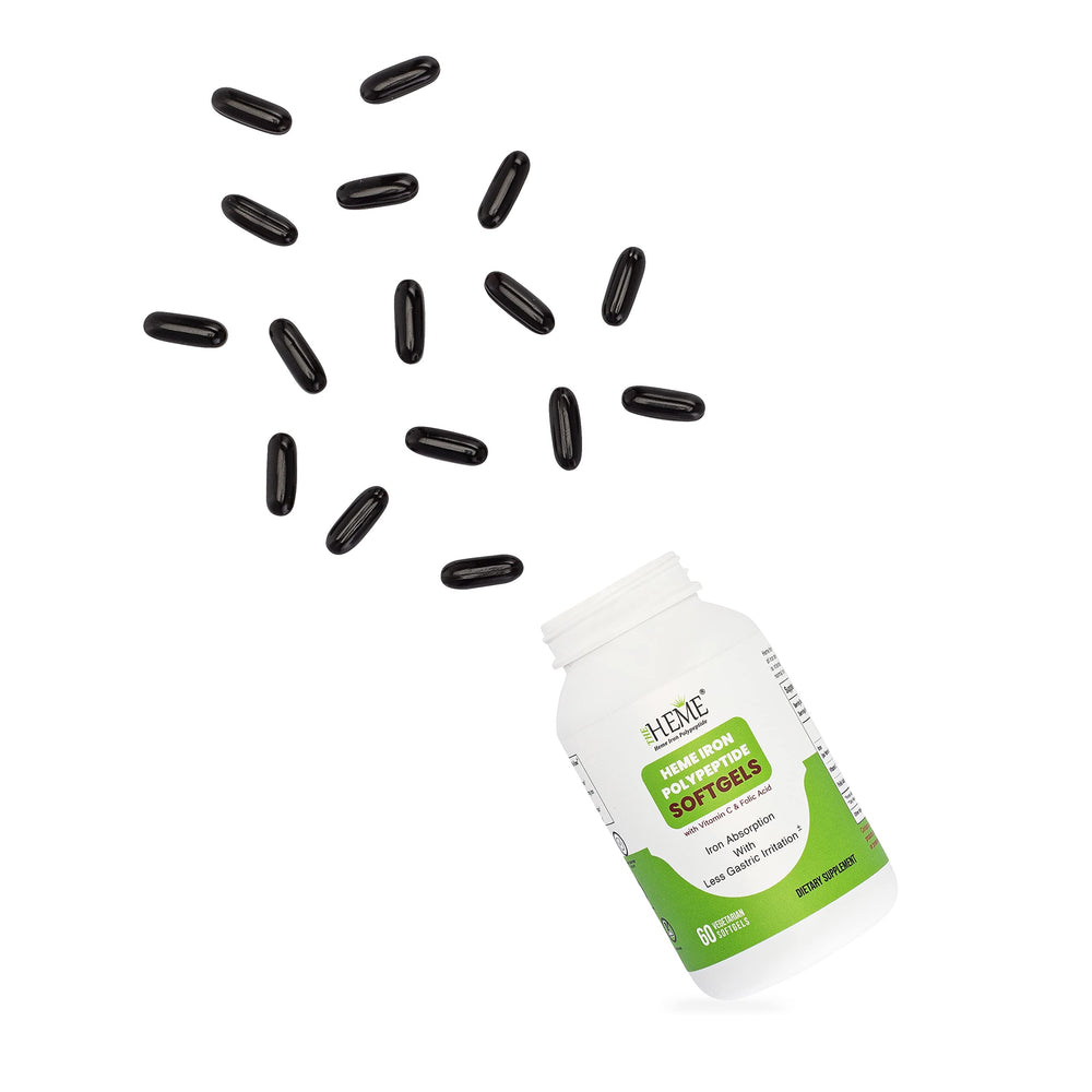 60-count bottle of TheHeme iron polypeptide softgels