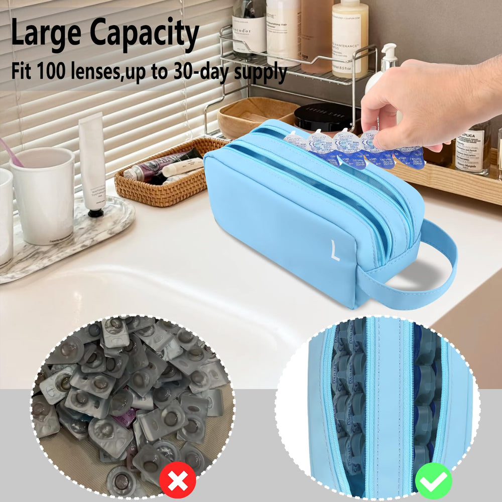 Back view with compact dimensions 8.46 x 3.45 inches and capacity up to 100 lenses