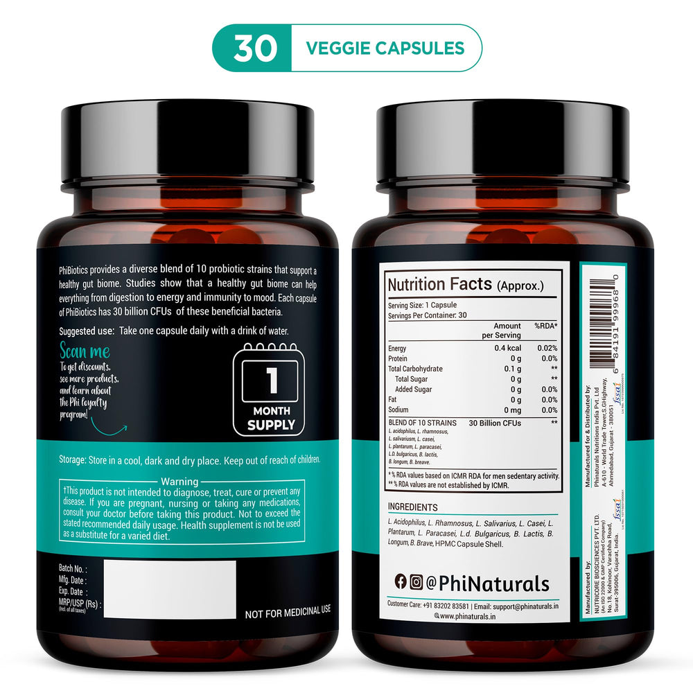 Front view of PhiNaturals High Potency Probiotics bottle with vegan capsules