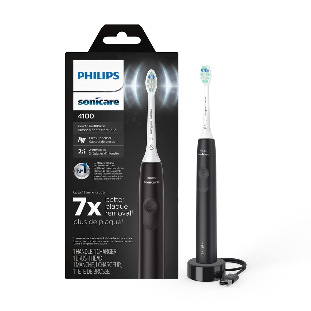 Front view of black Philips Sonicare 4100 HX3681/24 handle