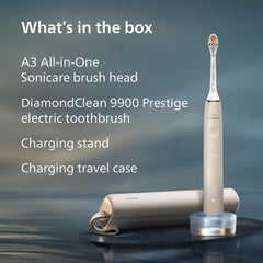 Box contents showing toothbrush, brush head, travel case, stand, and USB cable