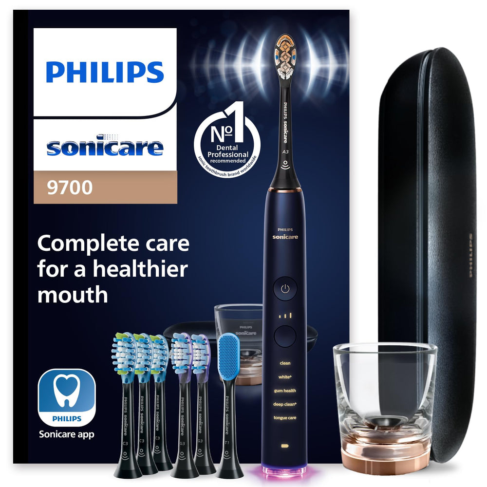 Front view of Philips Sonicare DiamondClean Smart 9700 toothbrush in Lunar Blue