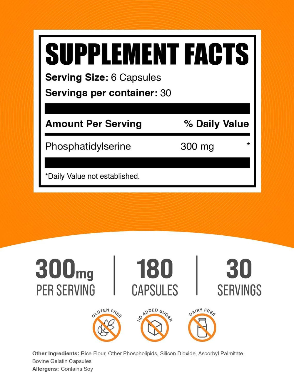 Close-up of phosphatidylserine capsules bottle label showing 180-count.