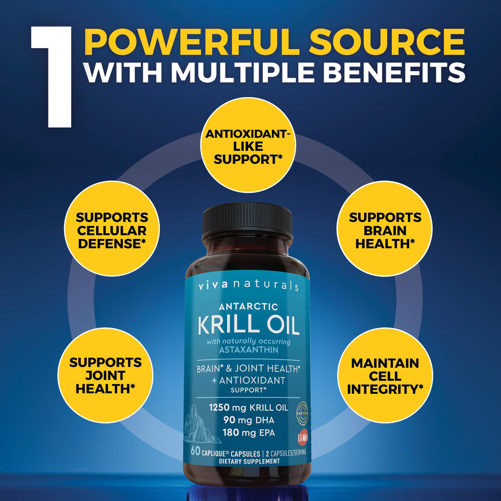 Krill oil capsules highlighting 575 mg phospholipids per serving
