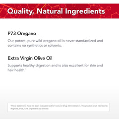 Close-up of OregaWild Extra Strength 30ml label showing P73 oregano oil