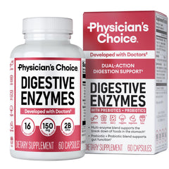 Physician's CHOICE Digestive Enzymes bottle front, supporting meal-time comfort with a broad enzyme range.