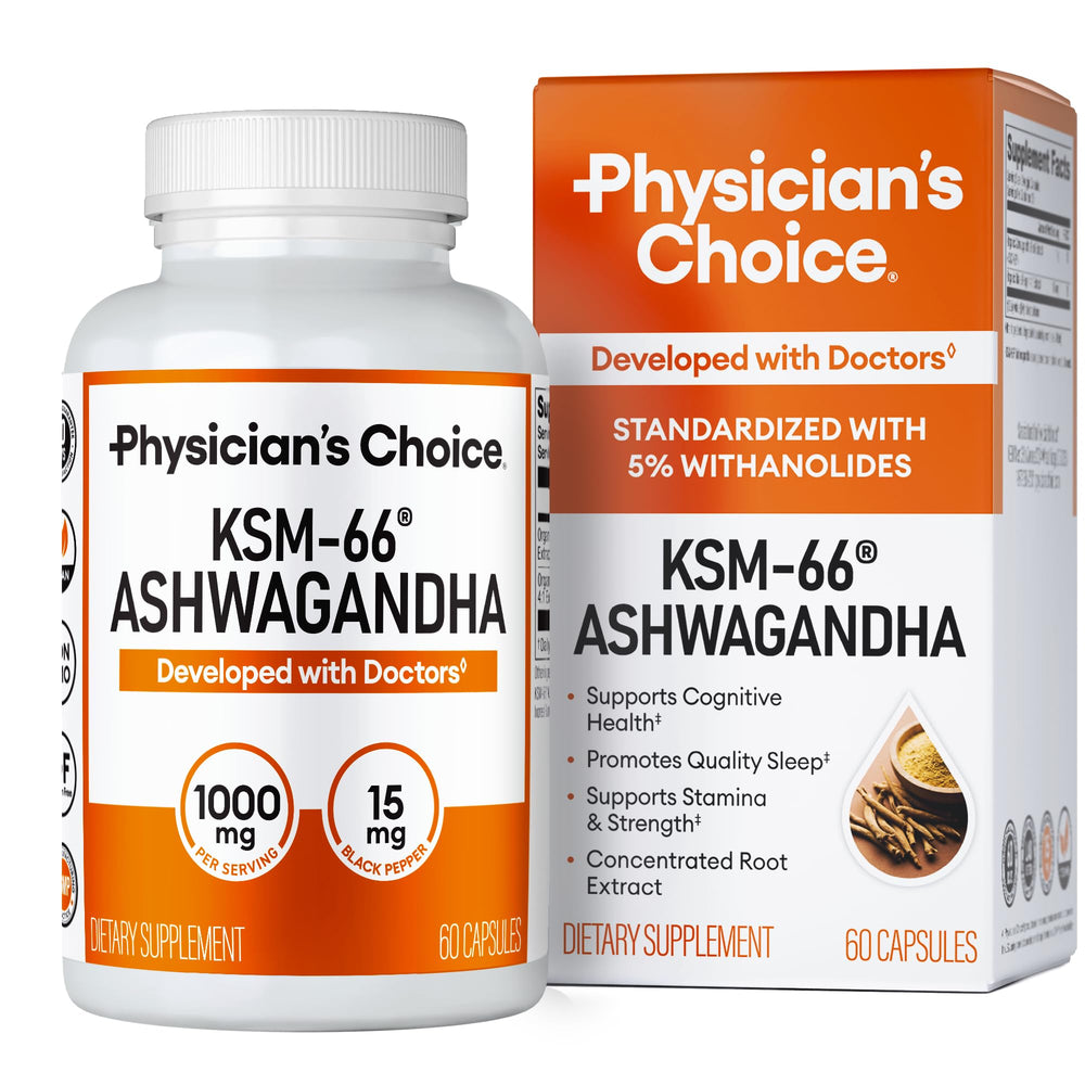 Physician's Choice KSM-66 Ashwagandha 1000mg organic with black pepper bottle
