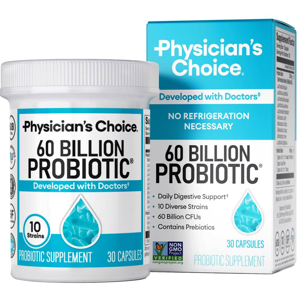 Physician's Choice Probiotics bottle promotes gut health with 60B CFU per serving.