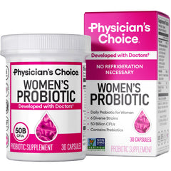 Physician's CHOICE Women Probiotics bottle on countertop supporting feminine gut balance.