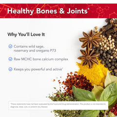 Graphic illustration of ingredients including microcrystalline hydroxyapatite (MCHC) and herbs