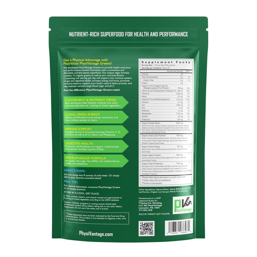 Re-sealable pouch with 25 servings of vegan greens powder