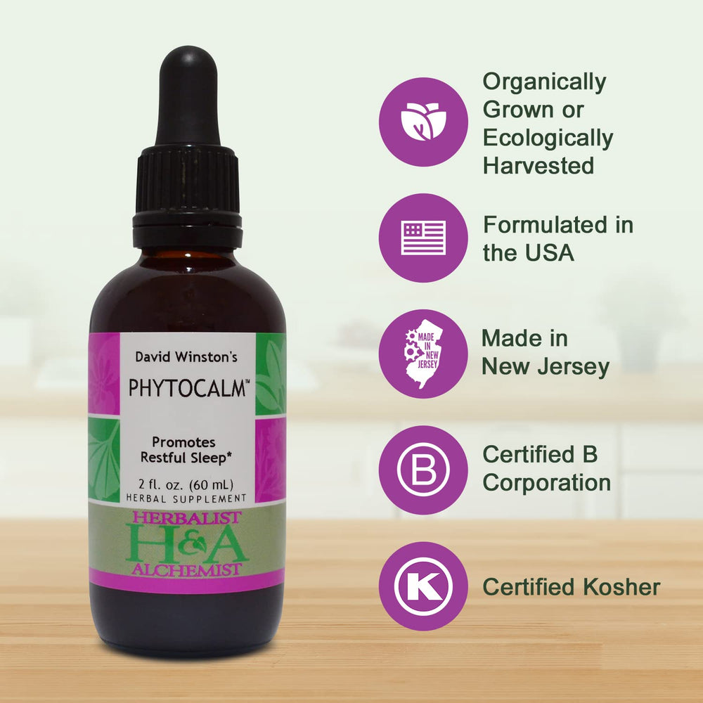 Phytocalm blend ingredients: Skullcap, Hops, Oat milky seed, Passionflower, California Poppy, Valerian