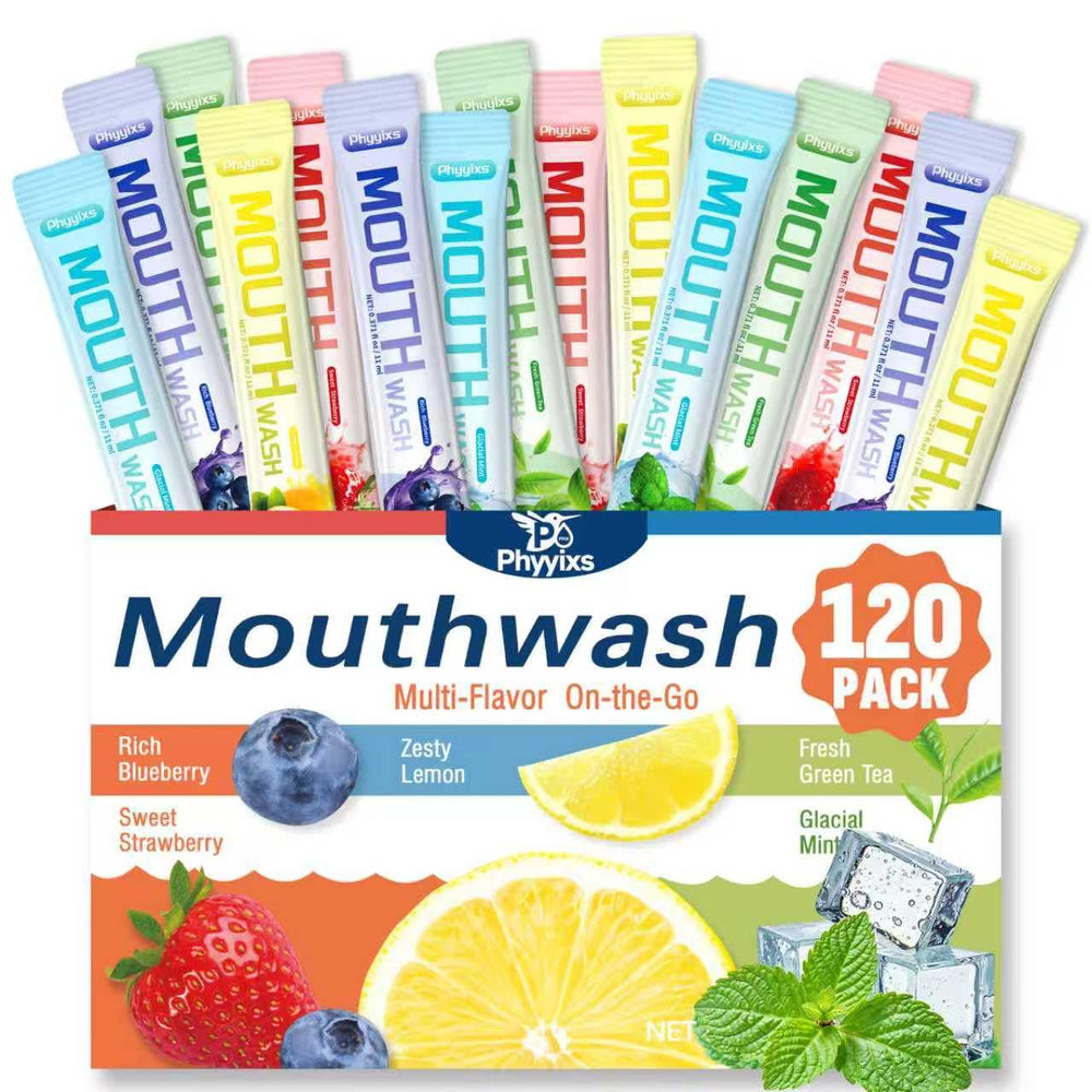 Five flavors of Phyyixs Mouthwash: Glacial Mint, Sweet Strawberry, Rich Blueberry, Fresh Green Tea, Zesty Lemon