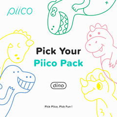 Kids using Piico floss picks with colorful dinosaur designs